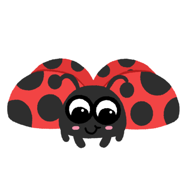 Siyah benekli ve kırmızı benekli bir uğur böceği. Yüzünde bir gülümseme var.