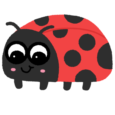 Siyah benekli ve kırmızı vücutlu bir uğur böceği. Yüzünde bir gülümseme var.