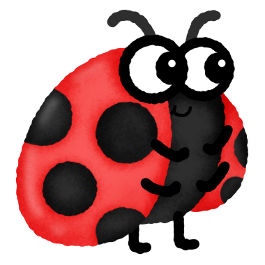 Siyah benekli ve kırmızı lekeli bir uğur böceği. Siyah bacakları ve siyah bir kafası var. Gülümsüyor.