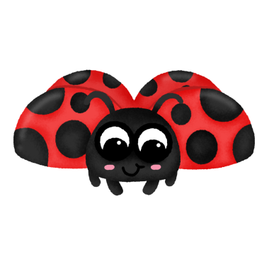 Kafasında ve vücudunda siyah lekeler olan kırmızı bir uğur böceği. Uğur böceği gülümsüyor ve siyah gözleri var.