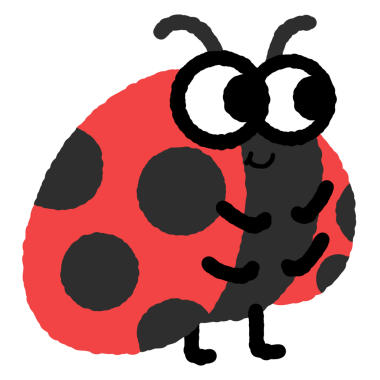 Siyah benekli ve kırmızı benekli bir uğur böceği. Siyah gözleri ve siyah bir burnu var.