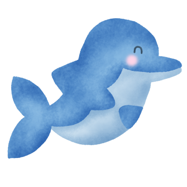 Yüzünde gülümseme olan bir çizgi film yunusu. Yunus mavi ve beyazdır. Havada yüzüyor.