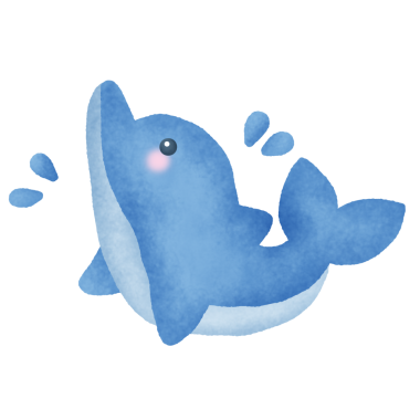 Mavi kuyruklu ve mavi vücutlu çizgi film yunusu. Yunus su püskürtüyor.