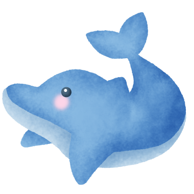 Mavi kuyruklu çizgi film yunusu. Yunus gülümsüyor ve pembe bir burnu var