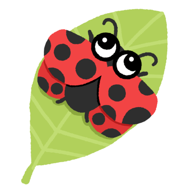 Siyah lekeli kırmızı uğur böceği bir yaprağın üzerinde oturuyor. Uğur böceğinin iki gözü ve kara bir ağzı vardır.