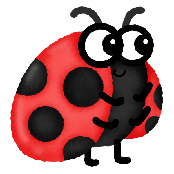 Siyah benekli ve kırmızı lekeli bir uğur böceği. Siyah bacakları ve siyah bir kafası var. Gülümsüyor.