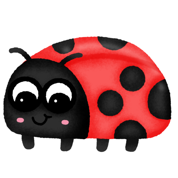 Siyah ve kırmızı benekli bir uğur böceği. Yüzünde bir gülümseme var.