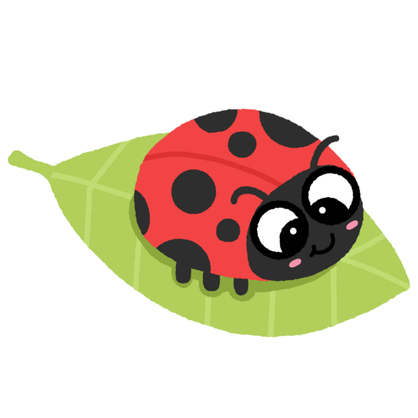 Bir uğur böceği yaprağın üzerinde oturuyor. Uğur böceğinin siyah noktaları ve kırmızı gözleri vardır. Yaprak yeşil.