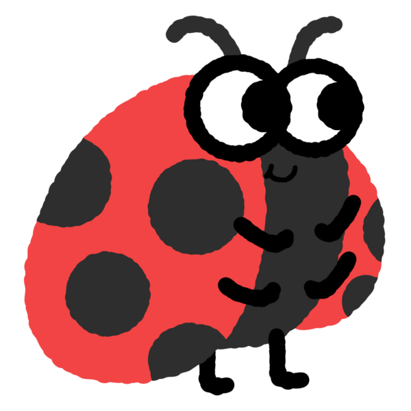 Siyah benekli ve kırmızı benekli bir uğur böceği. Siyah gözleri ve siyah bir burnu var.