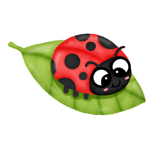 Bir uğur böceği yaprağın üzerinde oturuyor. Uğur böceği kırmızı ve siyahtır. Uğur böceğinin siyah gözleri vardır.