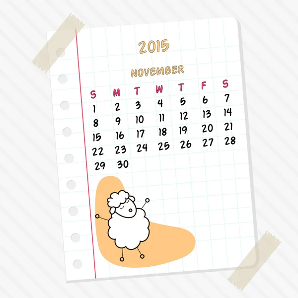 日历 2015 年的 11 月和手工绘制在玉树的可爱羊羔 — 图库矢量图片