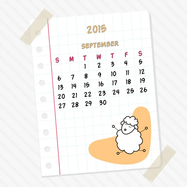 2015 年日历的 9 月和手工绘制上她的可爱羊羔 — 图库矢量图片