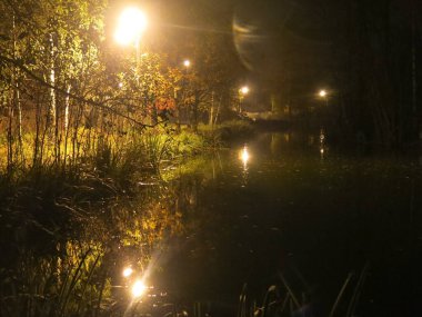 Fenerlerin ışığında bir sonbahar gecesinde gölet