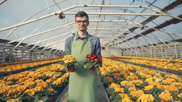 Jardinero mostrando plantas en manchas — Vídeo de stock