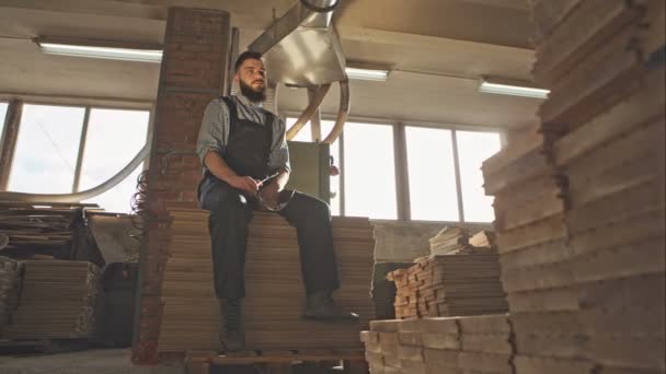 Trabajador relajante en fábrica de madera — Vídeo de stock