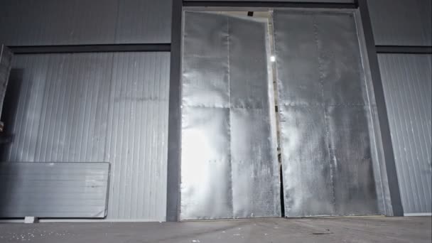 Carpintero apertura grande puerta de metal — Vídeo de stock
