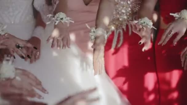 Πολλά χέρια του bridesmaids με μπουκέτα στο γάμο του φίλου. — Αρχείο Βίντεο