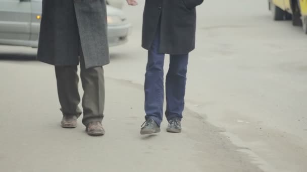 Gelukkig grootvader met volwassen zoon Ga langs de straat van de stad. Opa is in de handen van de mimosa en feel ondersteuning — Stockvideo