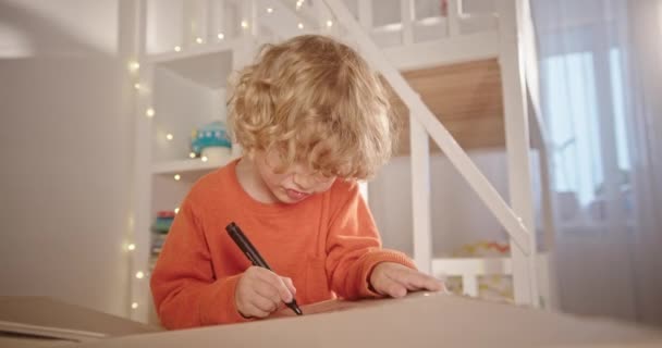 Bonito menino desenho na caixa de papelão — Vídeo de Stock