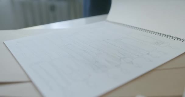 Vrouw jong succesvol ontwerper creëert een nieuwe collectie van kleding jurken bladert door haar notebook met de hand getrokken schetsen — Stockvideo