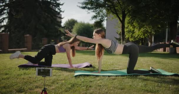 Γυμναστική προπόνηση σκοποβολή online εκπαίδευση δύο φίλες κατάρτισης σε εξωτερικούς χώρους στέκεται στα γόνατά τους εκτελούν σύγχρονη άσκηση πόδι στο χαλάκι — Αρχείο Βίντεο
