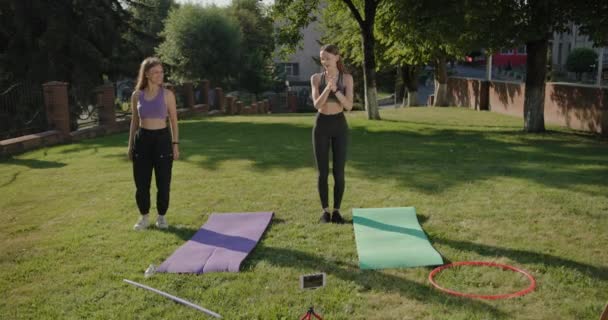 Active exercises for legs fitness outdoors outside two girls friends, give five to each other, exercise synchronously together on the green grass dressed in sportswear — Stock Video