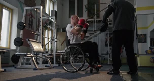 Trening w siłowni uśmiechnięty mężczyzna z wadliwymi niesprawnymi nogami siedzący na wózku inwalidzkim Boks z trenerem w rękawiczkach bokserskich — Wideo stockowe