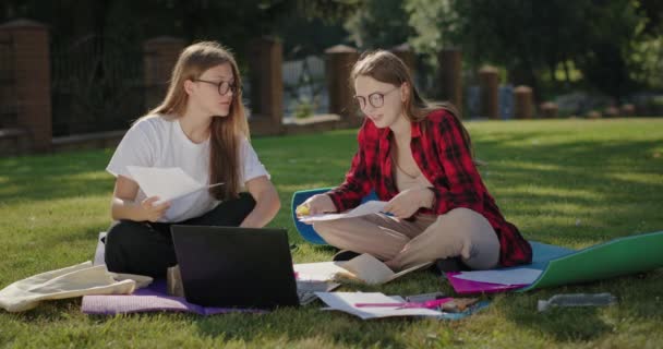 Giovani donne che fanno i compiti nel parco — Video Stock