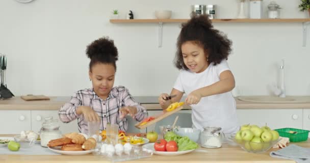 Enfants drôles préparant la nourriture dans la cuisine — Video