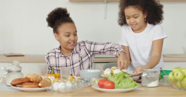 Παιδιά που διασκεδάζουν κατά την προετοιμασία των τροφίμων — Αρχείο Βίντεο