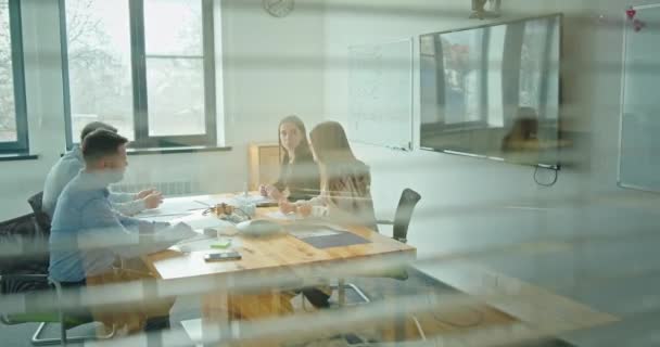 Colegas que tienen reunión de negocios en el espacio de trabajo — Vídeos de Stock