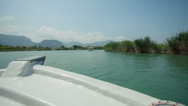 Landskap med näsan träbåt på floden i dalyan, Turkiet — Stockvideo