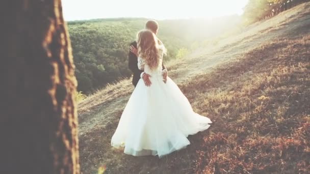 Encantadora pareja de boda en la puesta del sol — Vídeos de Stock