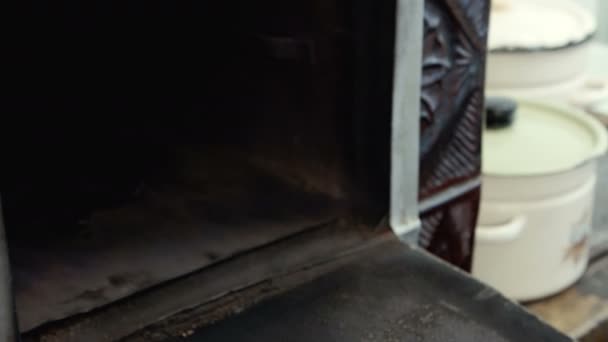Donna che dispone vassoio pieno di biscotti nel forno — Video Stock