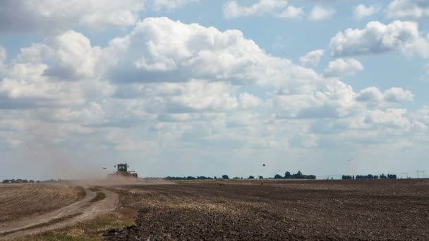 Tractor plowing field in autumn — Stock Video