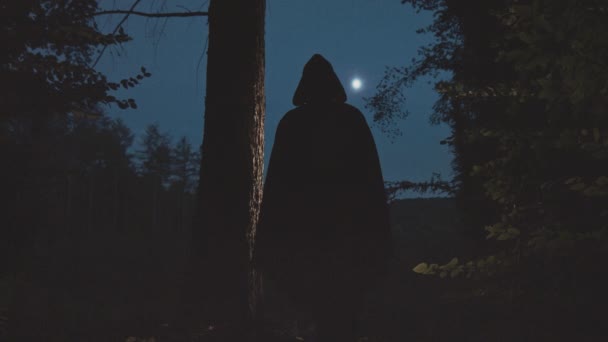 Dia de Halloween. Uma cena terrível de homens de casacos pretos na floresta um dia de Halloween — Vídeo de Stock