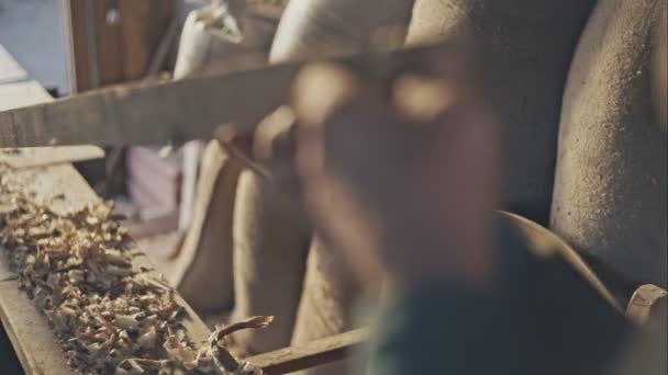 Senior carpenter kontroly broušené prkno ve své dílně — Stock video