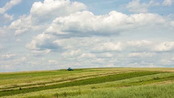 A mező alatt naplemente felhők traktor — Stock videók