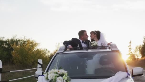 Svatba. Nevěsta a ženich při západu slunce — Stock video