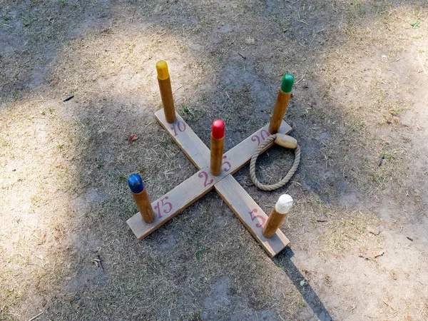 Holzspiele Mit Seilwerfen Klassische Ringe Werfen Hoopla Outdoor Spiel — Stockfoto