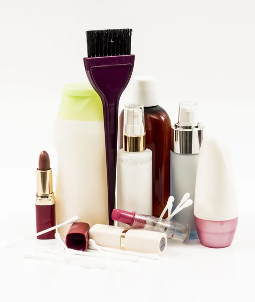 洗发香波瓶和 lipstik — 图库照片