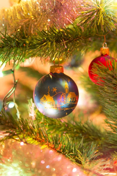 Beautiful hand made glass balls on Christmas Tree — Stock Photo, Image