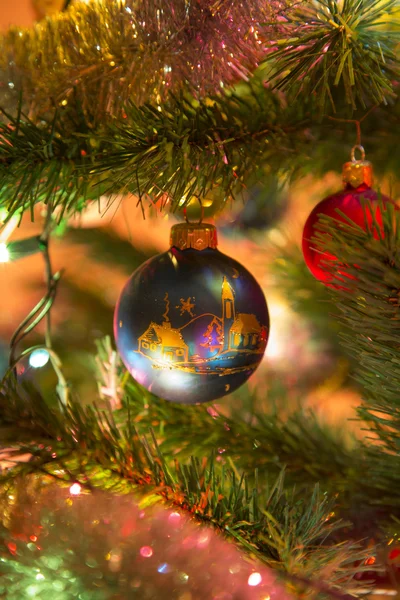 Beautiful hand made glass balls on Christmas Tree — Stock Photo, Image