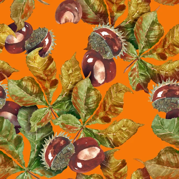 Chestnut fruits and leaves seamless pattern — Stock Photo, Image