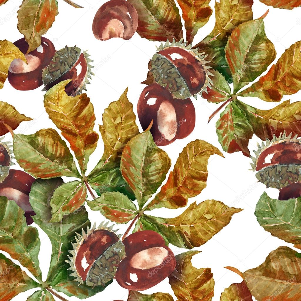 Chestnut fruits and leaves seamless pattern