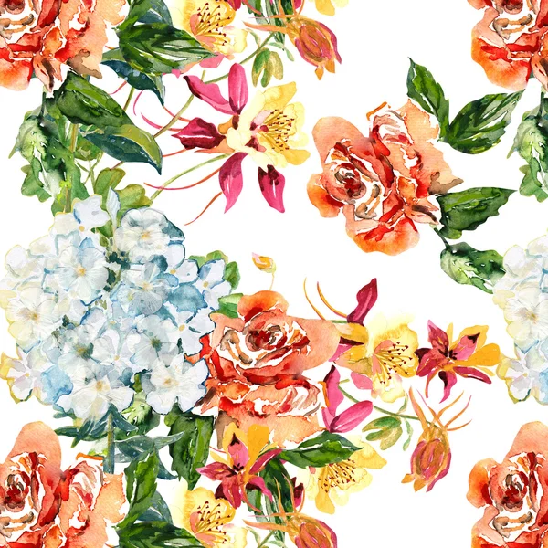 Columbine, red Rose and Phlox seamless pattern — Stock Photo, Image