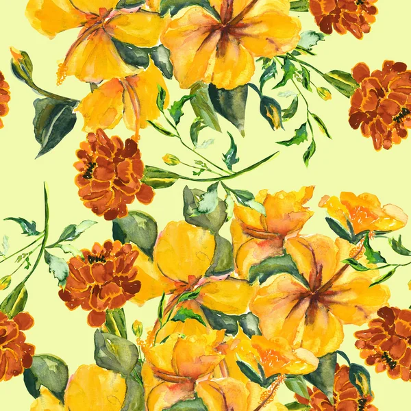 Hibiscus and Marigold seamless pattern — Stock Photo, Image