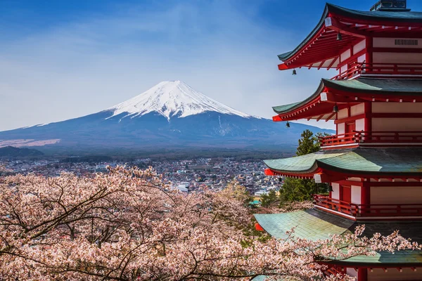 Pagoda de Chureito con sakura y hermosa vista de Mt.fuji —  Fotos de Stock