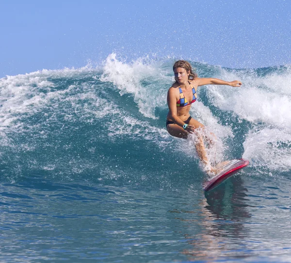 Surfer girl on Amazing Blue Wave — Stock Photo, Image