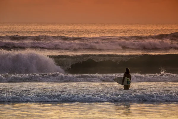 Surfer on the Beach at Sunset Tme — Stock Photo, Image